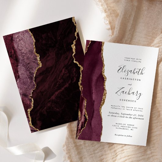 Modern Burgundy Gold Agate Wedding Kaart