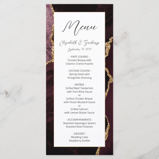 Modern Burgundy Gold Agate Wedding Menu (Voorkant)