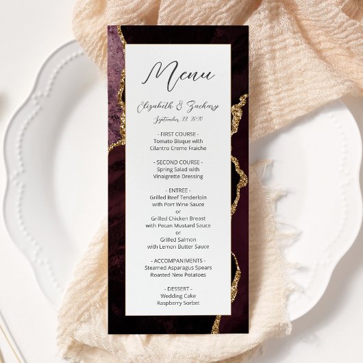 Modern Burgundy Gold Agate Wedding Menu