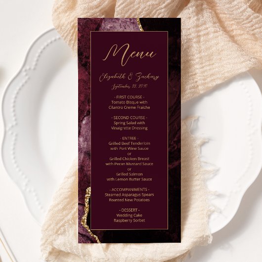 Modern Burgundy Gold Agate Wedding Menu