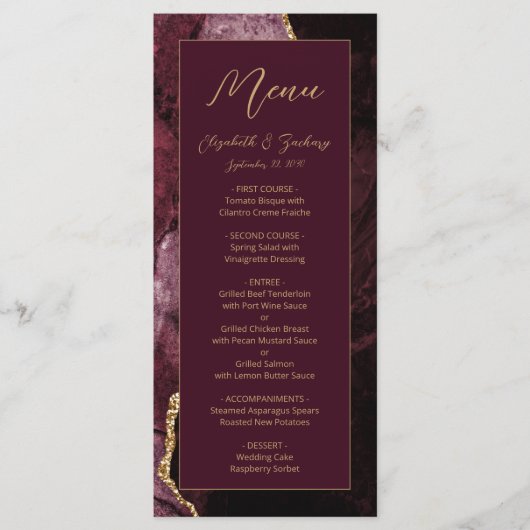 Modern Burgundy Gold Agate Wedding Menu (Voorkant)