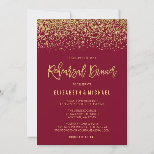 Modern Burgundy Gold Faux Glitter Rehearsal Dinner Kaart (Voorkant)