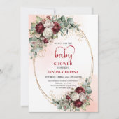 Modern Burgundy Gold Frame Baby Shower Invitation Kaart (Voorkant)