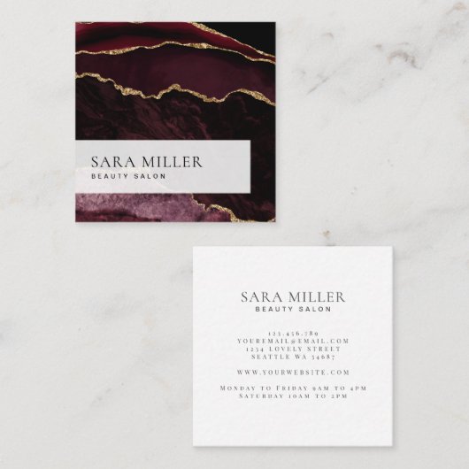 Modern Burgundy Gold Glitter Kijk marmer Agate Vierkante Visitekaartje (Voorkant / Achterkant)