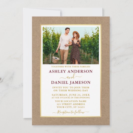 Modern Burgundy Gold Kraft Wedding Kaart (Voorkant)