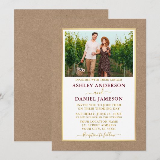 Modern Burgundy Gold Kraft Wedding Kaart (Voorkant / Achterkant)