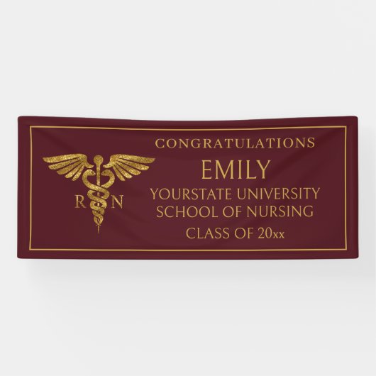 Modern Burgundy Gold Nursing School RN Afstuderen Spandoek (Horizontaal)