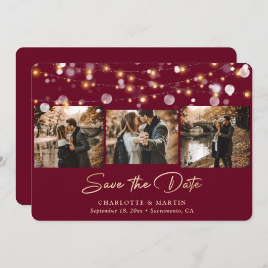 Modern Burgundy Gold Wedding 3 Foto slaat de datum Save The Date (Voorkant / Achterkant)