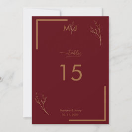 Modern Burgundy Golden Border Wedding Table Number Kaart