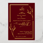 Modern Burgundy Golden Leaflet Border Monogram Folie Uitnodiging (Voorkant)