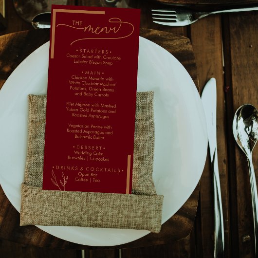 Modern Burgundy Golden Leaflet Monogram Flat Menu