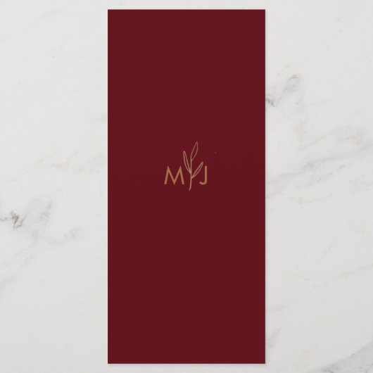 Modern Burgundy Golden Leaflet Monogram Flat Menu (Achterkant)