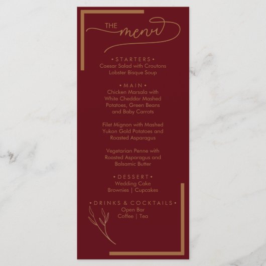 Modern Burgundy Golden Leaflet Monogram Flat Menu (Voorkant)