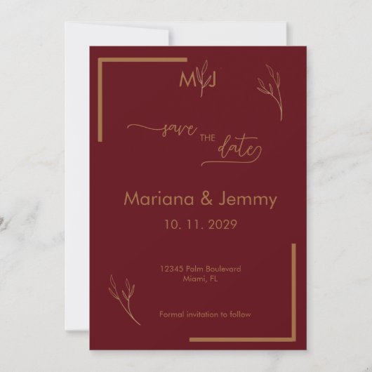 Modern Burgundy Golden Leaflet Monogram Scripted  Save The Date (Voorkant)