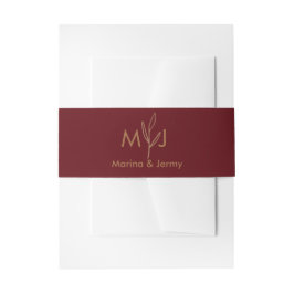 Modern Burgundy Golden Leaflet Monogram  Uitnodigingen Wikkel