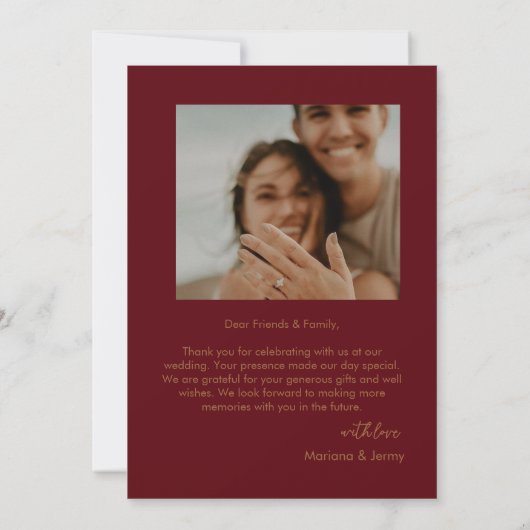 *Modern Burgundy Golden Leaflet Monogram Wedding Bedankkaart (Achterkant)