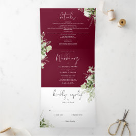 Modern Burgundy Greenery Floral Photo Wedding Drieluik Uitnodiging