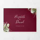 Modern Burgundy Greenery Floral Photo Wedding Drieluik Uitnodiging (Cover)
