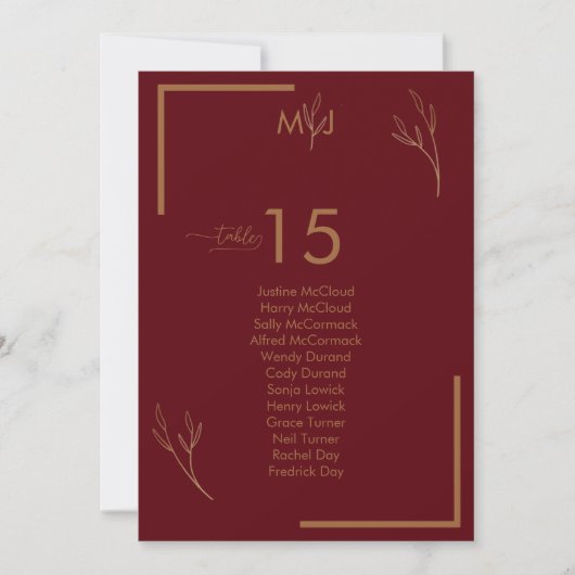 Modern Burgundy Guests Seating List Table Number Kaart (Voorkant)