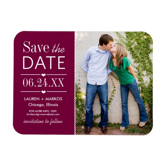 Modern Burgundy Hearts Wedding Photo Save the Date Magneet (Horizontaal)