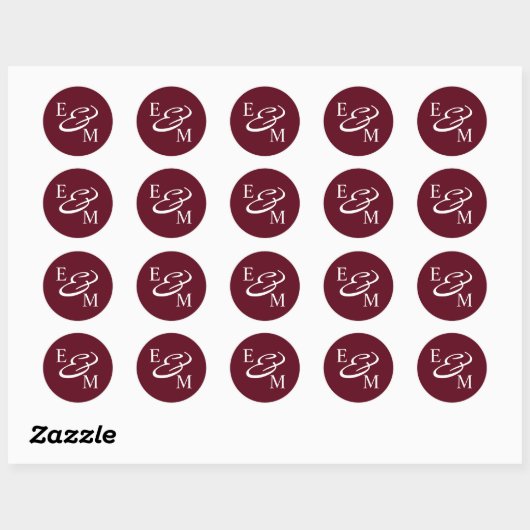 Modern Burgundy Initials Wedding  Ronde Sticker (Vel)
