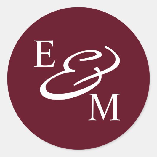 Modern Burgundy Initials Wedding Ronde Sticker (Voorkant)