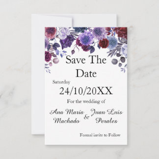 Modern Burgundy Lavender Dusty Blue Floral White Save The Date
