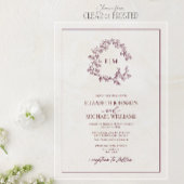 Modern Burgundy Leafy Crest Monogram Weddenschap Acryl Uitnodigingen