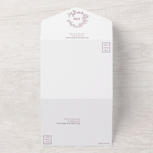 Modern Burgundy Leafy Crest Monogram Weddenschap All In One Uitnodiging (Buitenkant)