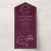 Modern Burgundy Leafy Crest Monogram Weddenschap All In One Uitnodiging (Binnen)