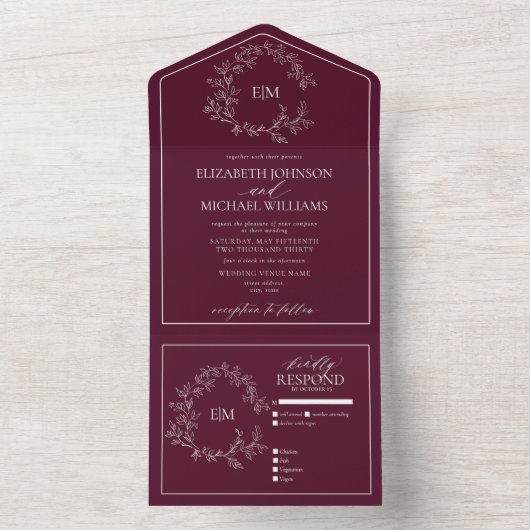 Modern Burgundy Leafy Crest Monogram Weddenschap All In One Uitnodiging (Binnen)