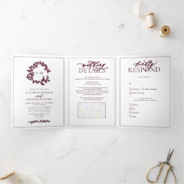 Modern Burgundy Leafy Crest Monogram Weddenschap Drieluik Uitnodiging