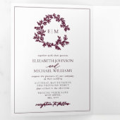 Modern Burgundy Leafy Crest Monogram Weddenschap Drieluik Uitnodiging (Binnenzijde eerst)