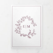 Modern Burgundy Leafy Crest Monogram Weddenschap Drieluik Uitnodiging (Cover)