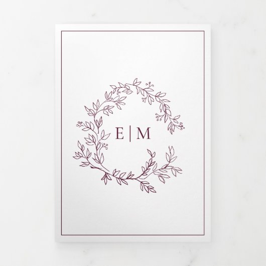 Modern Burgundy Leafy Crest Monogram Weddenschap Drieluik Uitnodiging (Cover)