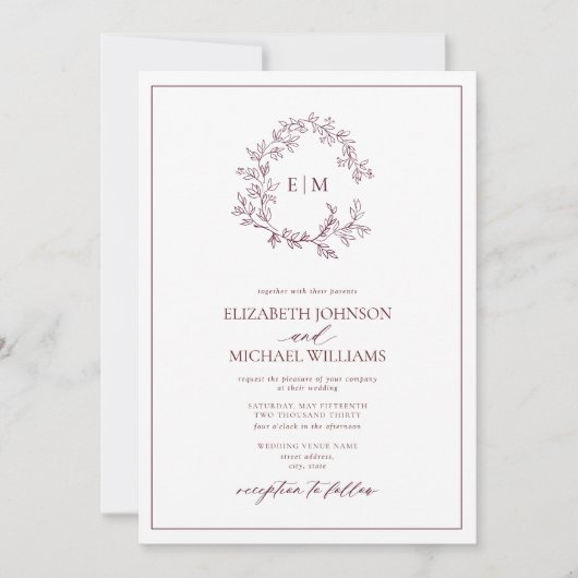Modern Burgundy Leafy Crest Monogram Weddenschap Kaart (Voorkant)