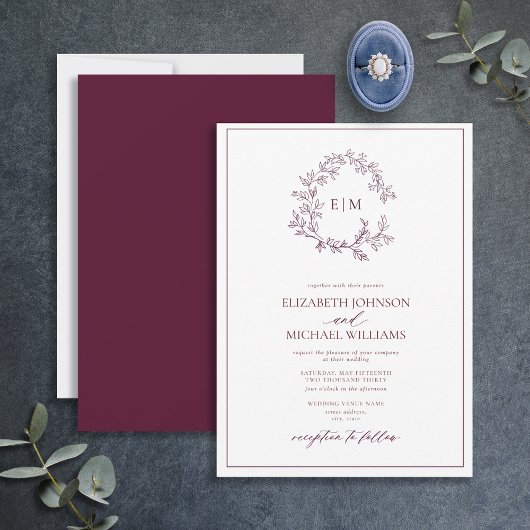 Modern Burgundy Leafy Crest Monogram Weddenschap Kaart