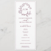 Modern Burgundy Leafy Crest Monogram Weddenschap Programmakaart (Voorkant)