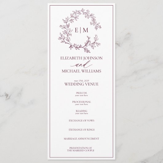Modern Burgundy Leafy Crest Monogram Weddenschap Programmakaart (Voorkant)