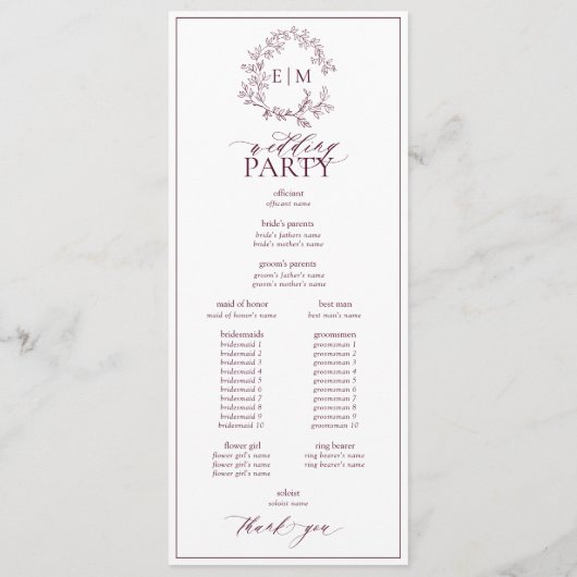 Modern Burgundy Leafy Crest Monogram Weddenschap Programmakaart (Achterkant)