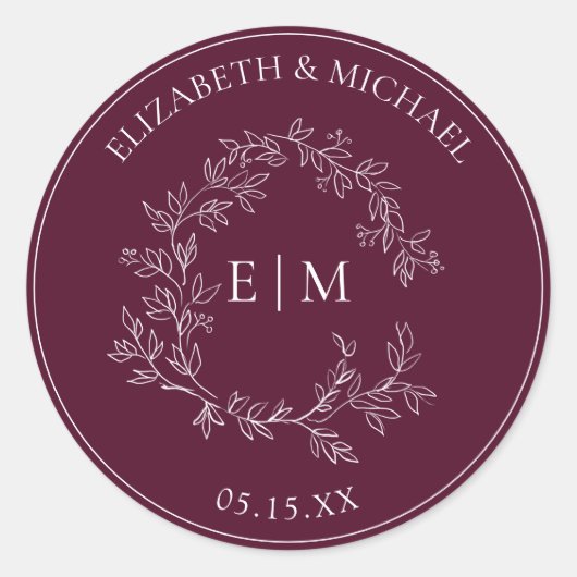Modern Burgundy Leafy Crest Monogram Weddenschap Ronde Sticker (Voorkant)