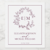 Modern Burgundy Leafy Crest Monogram Weddenschap Wijn Etiket (Enkel label)