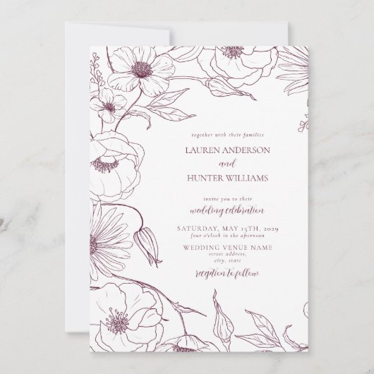 Modern Burgundy Line Art Floral Wedding Kaart (Voorkant)