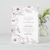Modern Burgundy Line Art Floral Wedding Kaart (Staand voorkant)