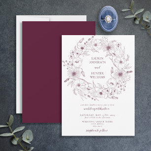 Modern Burgundy Line Art Floral Wedding Kaart