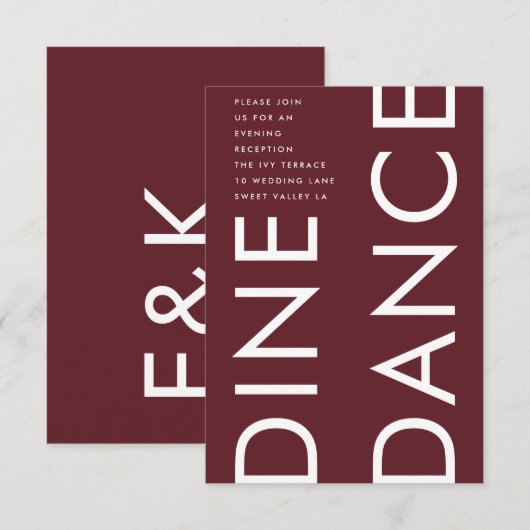 Modern Burgundy Maroon Monogram DINE Wedding Informatiekaartje (Voorkant / Achterkant)