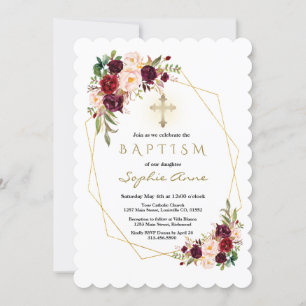 Modern Burgundy Marsala Floral Gold Cross Baptisme Kaart