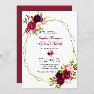 Modern Burgundy Marsala Floral Gold Lijst Wedding Kaart