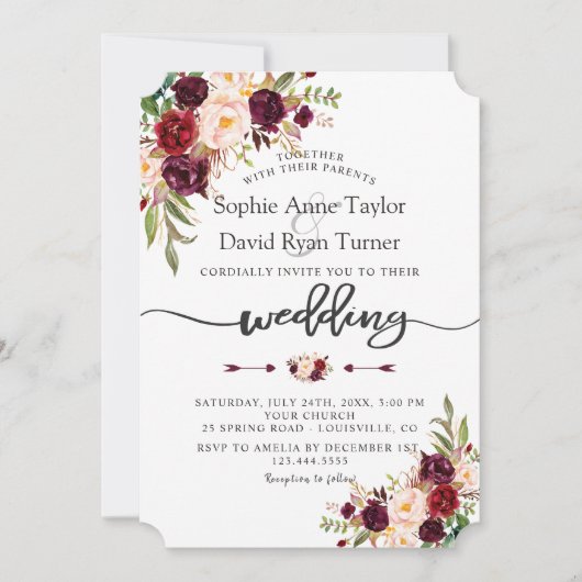 Modern Burgundy Marsala Floral Handwriting Wedding Kaart (Voorkant)