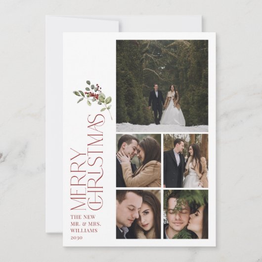 Modern Burgundy Merry Christmas Typography 5 Photo Feestdagenkaart (Voorkant)